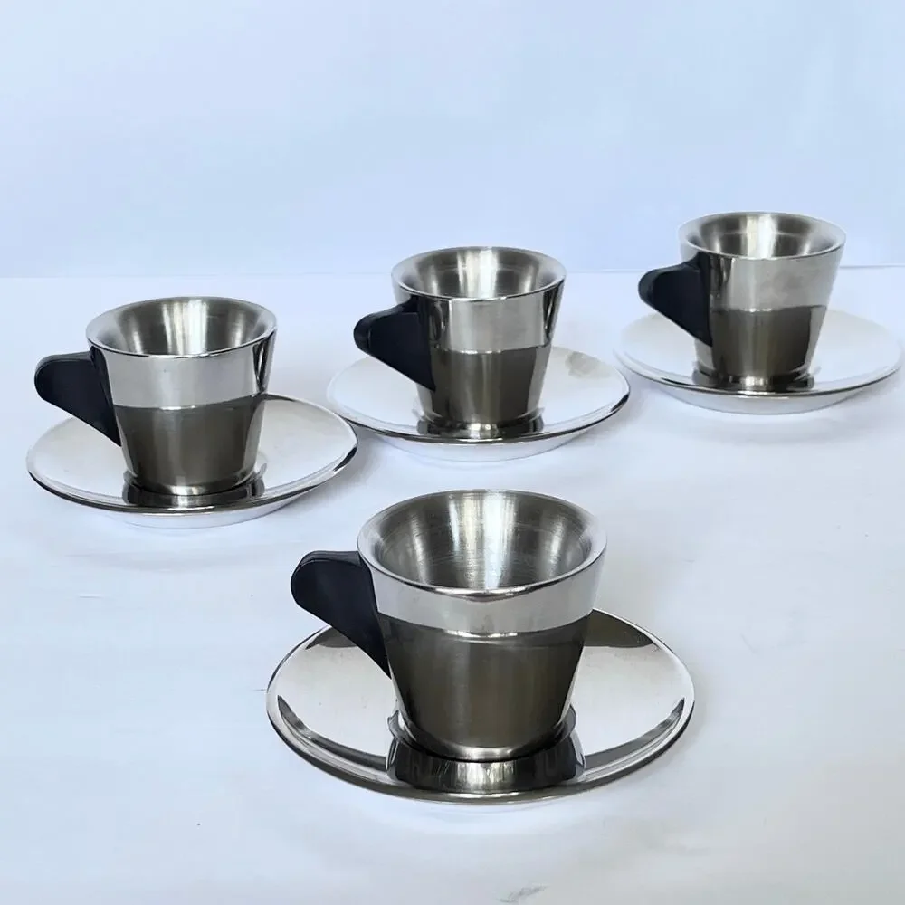 Set of 4 Vintage 1990s IKEA Stainless Steel Espresso Cups & Saucers Modernist